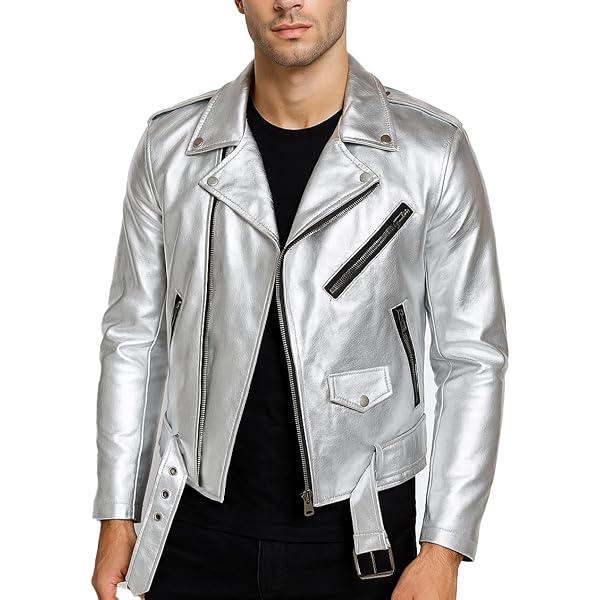 SKY-SELLER Mens Silver Foiled Metallic Biker Faux Leather